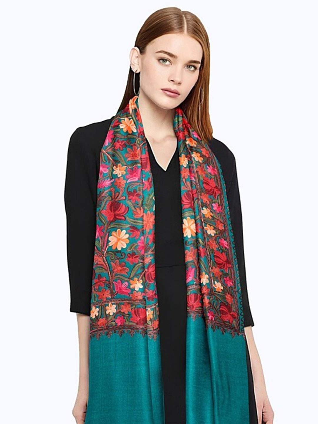 

CASMIR Floral Embroidered Wool Shawl, Sea green