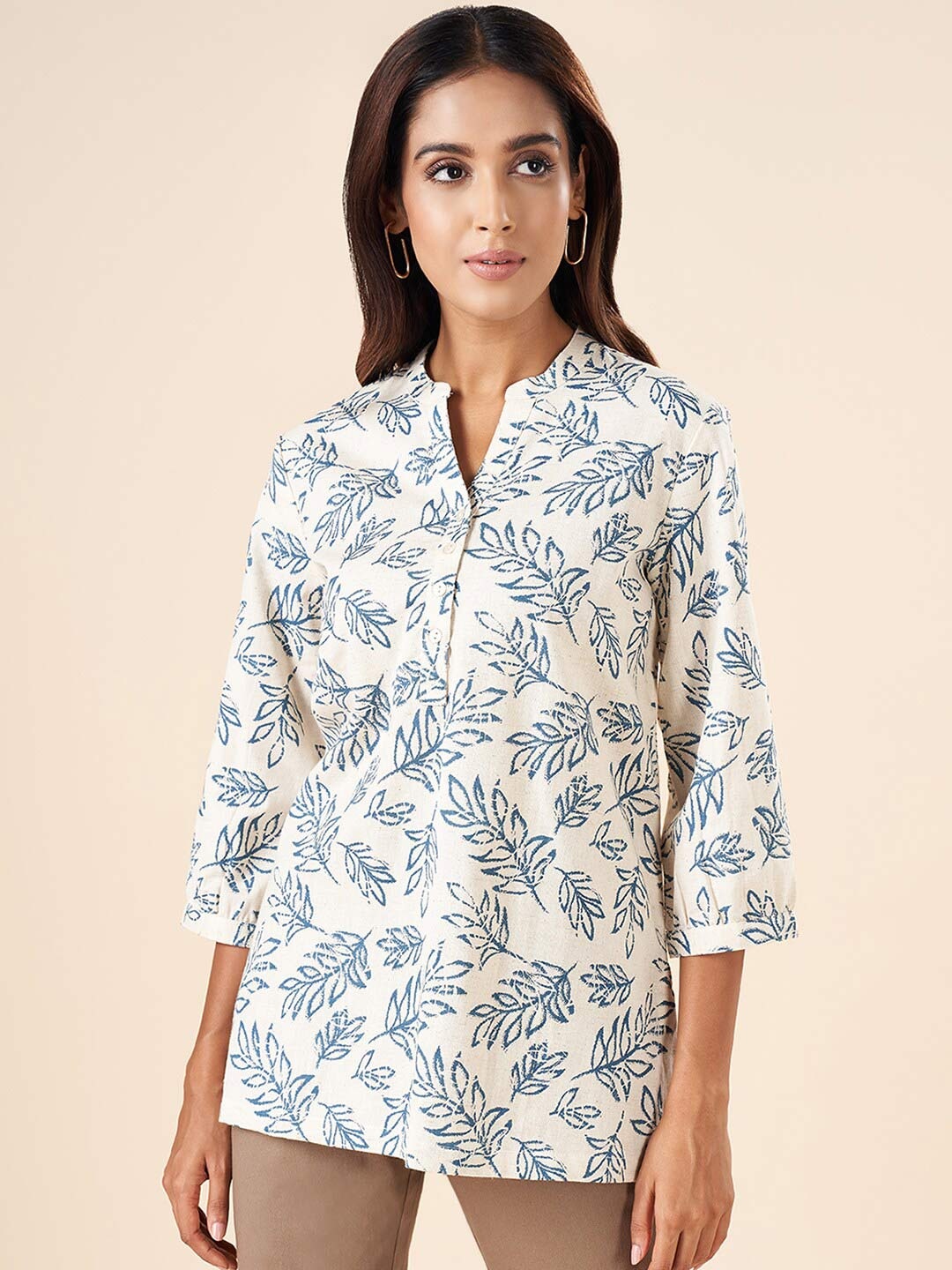 

AKKRITI BY PANTALOONS Mandarin Collar Printed Tunic, Blue