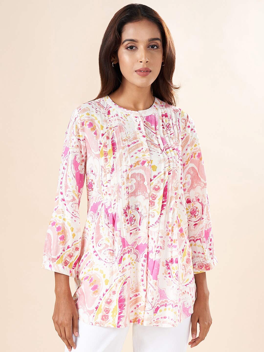 

AKKRITI BY PANTALOONS Mandarin Collar Printed Tunic, Pink