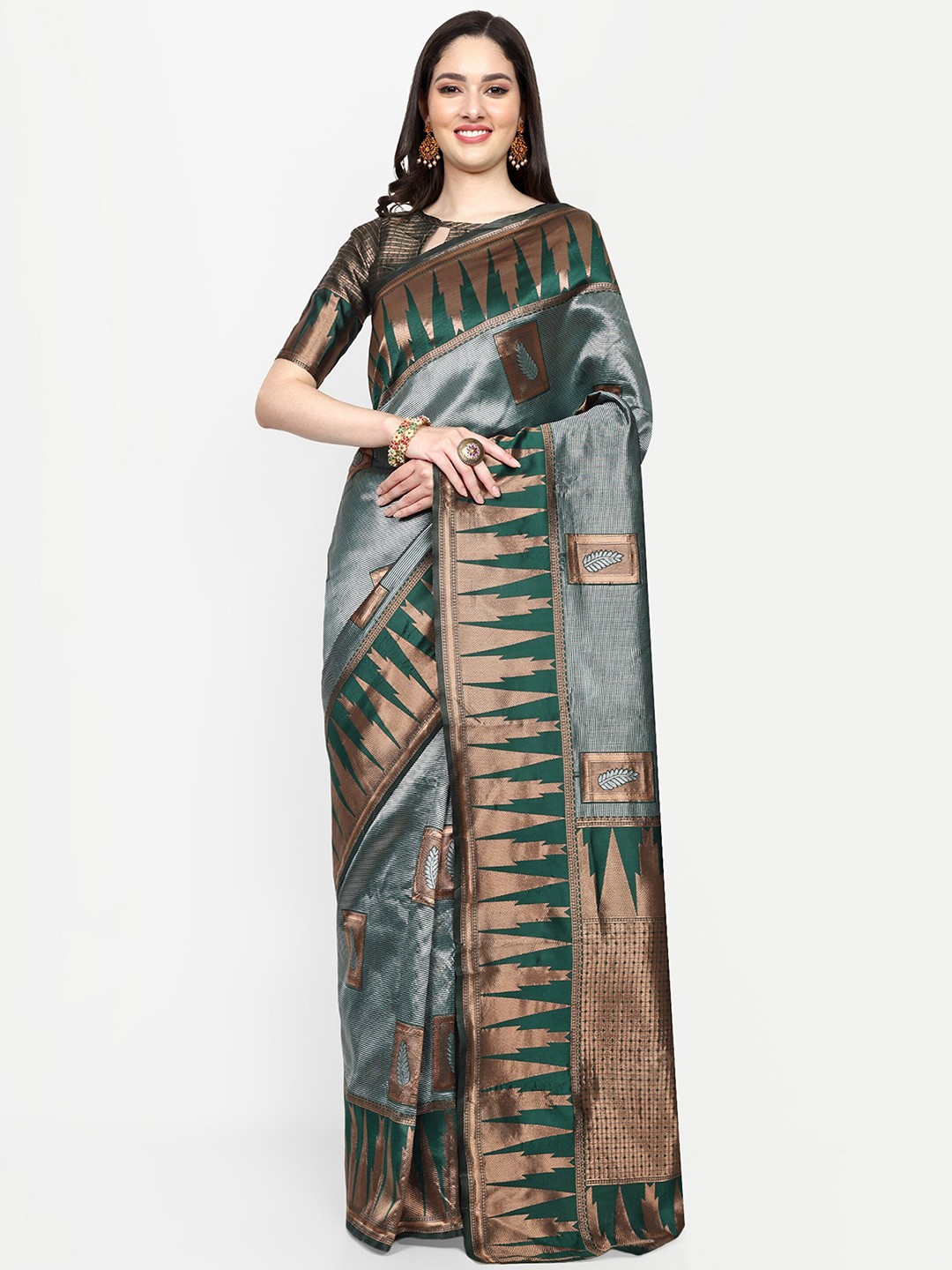 

ALMAARI FASHION Ethnic Motifs Woven Design Zari Pure Silk Kanjeevaram Saree, Green