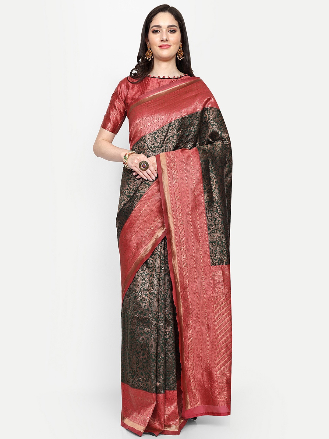 

ALMAARI FASHION Ethnic Motifs Woven Design Zari Pure Silk Kanjeevaram Saree, Green