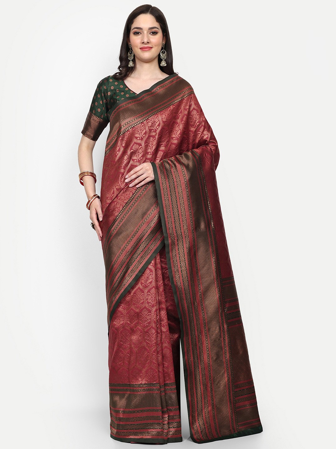 

ALMAARI FASHION Ethnic Motifs Woven Design Zari Pure Silk Kanjeevaram Saree, Maroon