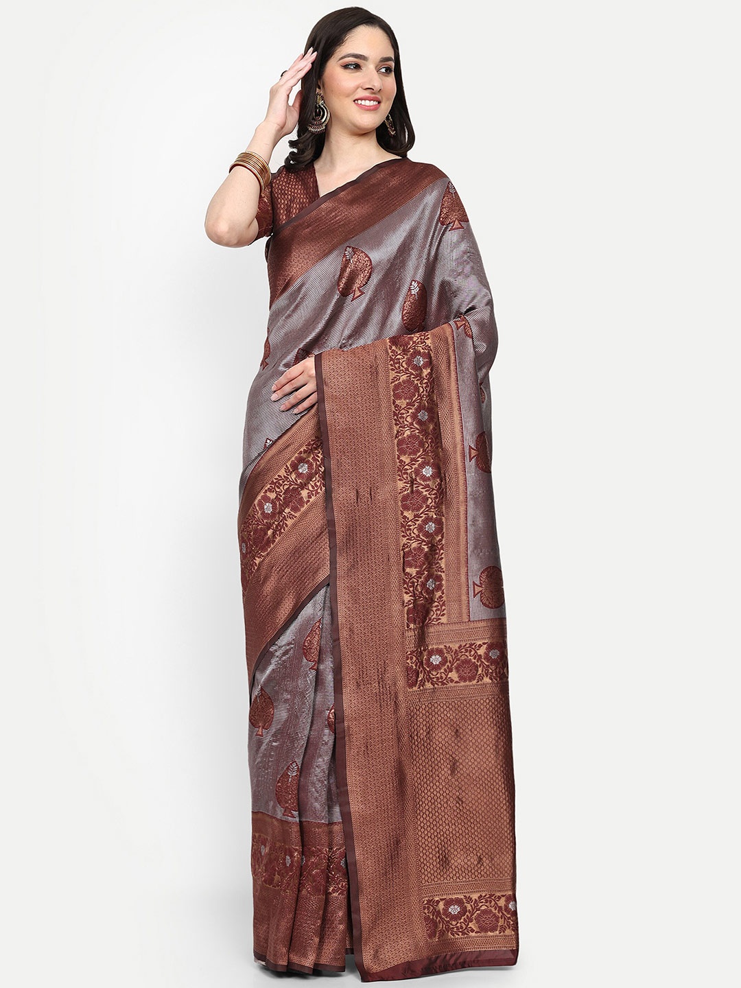 

ALMAARI FASHION Ethnic Motifs Woven Design Zari Pure Silk Kanjeevaram Saree, Maroon