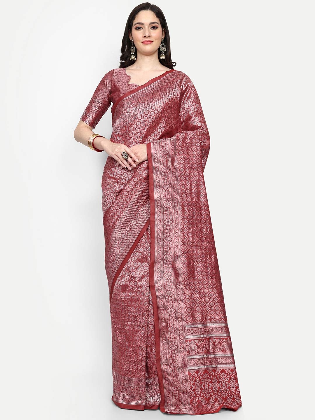 

ALMAARI FASHION Ethnic Motifs Woven Design Zari Pure Silk Kanjeevaram Saree, Red