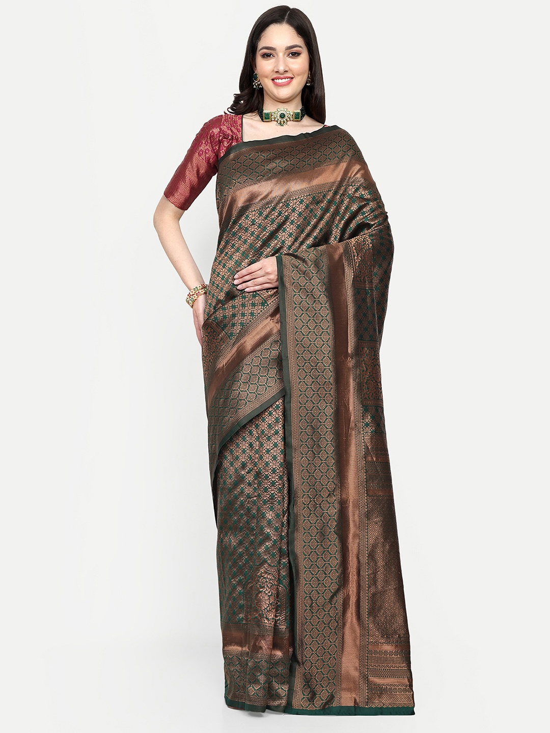 

ALMAARI FASHION Ethnic Motifs Woven Design Zari Pure Silk Kanjeevaram Saree, Green