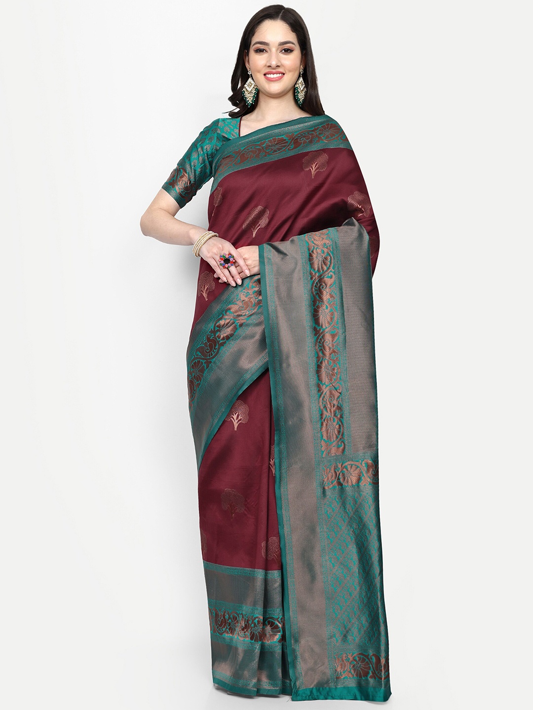 

ALMAARI FASHION Ethnic Motifs Woven Design Zari Pure Silk Kanjeevaram Saree, Maroon