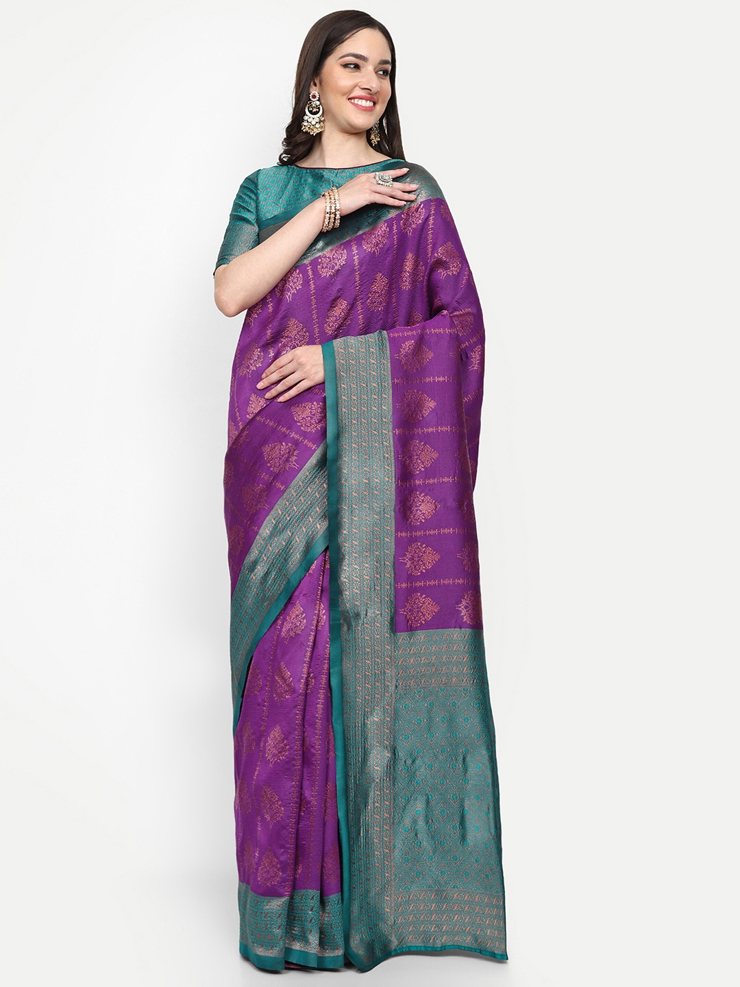 

ALMAARI FASHION Ethnic Motifs Woven Design Zari Pure Silk Kanjeevaram Saree, Purple