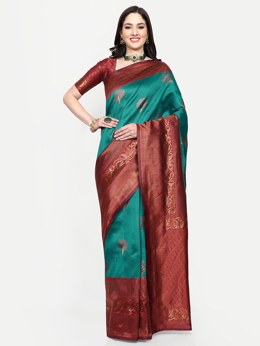 

ALMAARI FASHION Ethnic Motifs Woven Design Zari Pure Silk Kanjeevaram Saree, Green