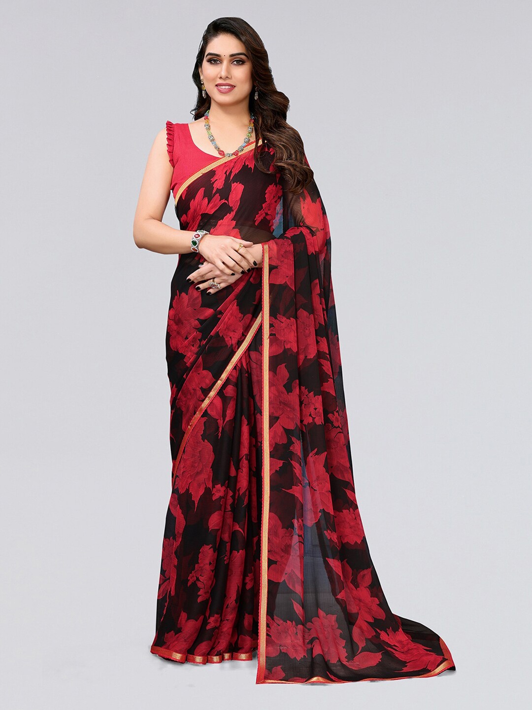 

KALINI Floral Printed Zari Saree, Black