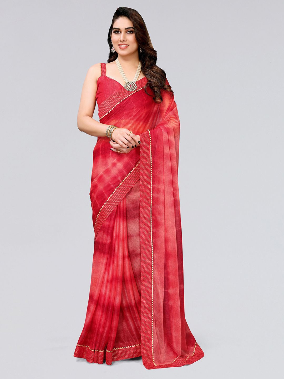 

KALINI Tie and Dye Printed Gotta Patti Saree, Red
