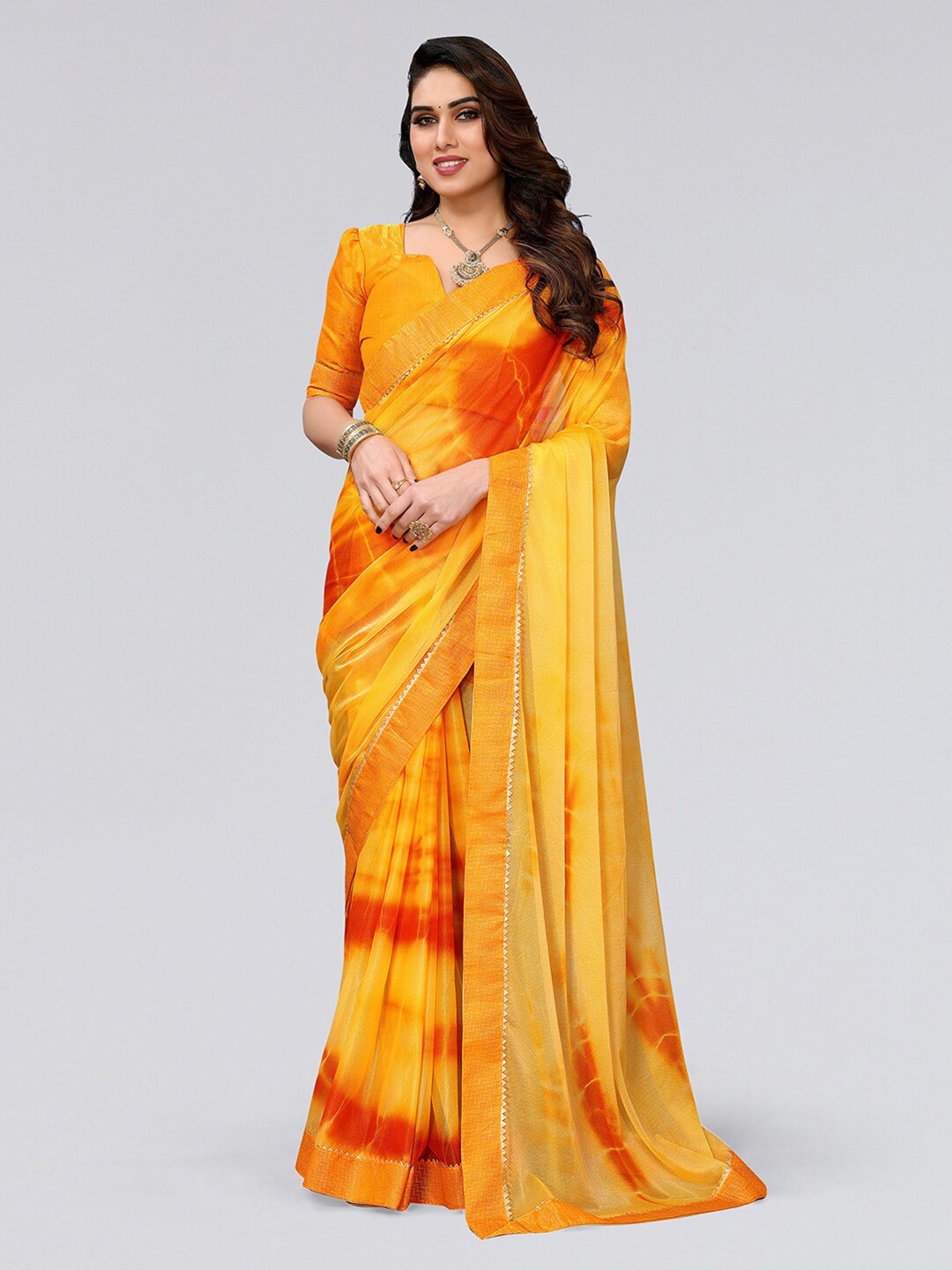 

KALINI Tie and Dye Printed Gotta Patti Saree, Yellow