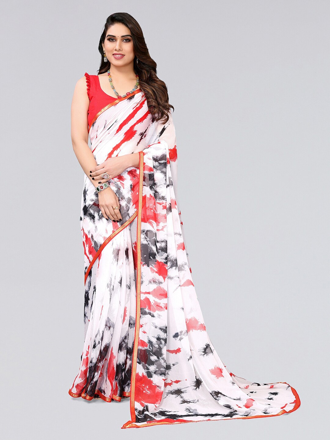 

KALINI Abstract Printed Zari Saree, White