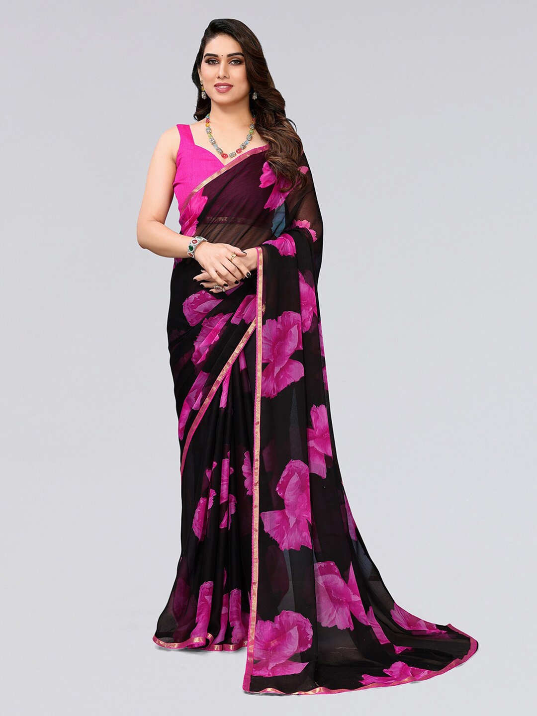 

KALINI Floral Printed Zari Saree, Black