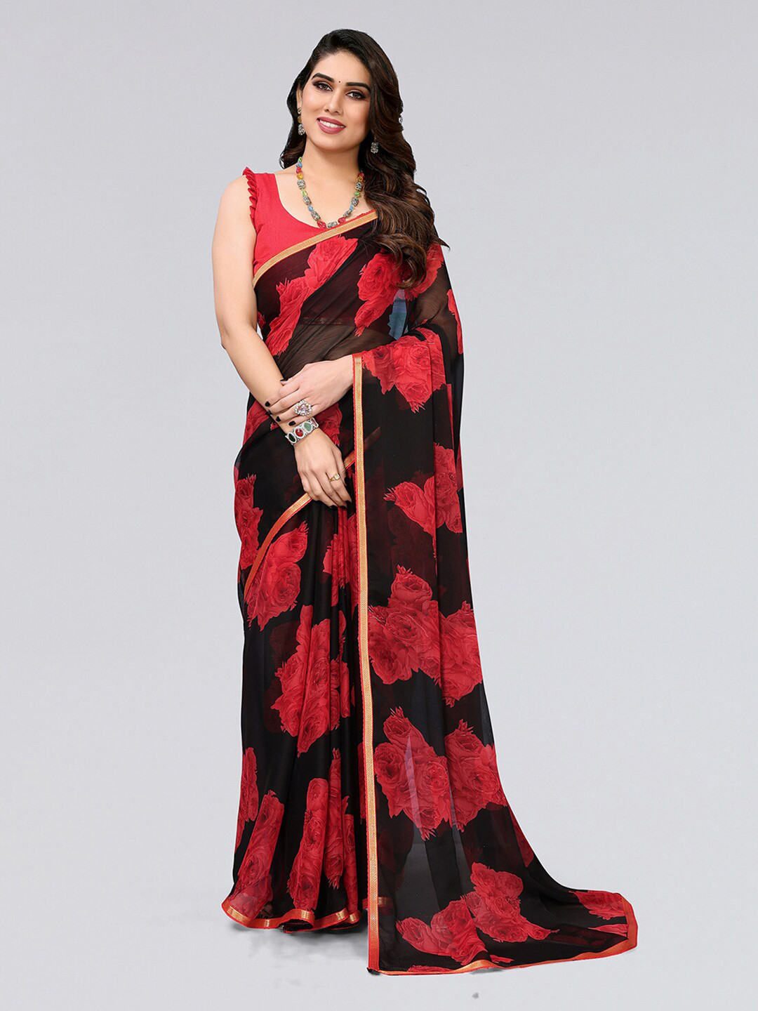 

KALINI Floral Printed Zari Saree, Black