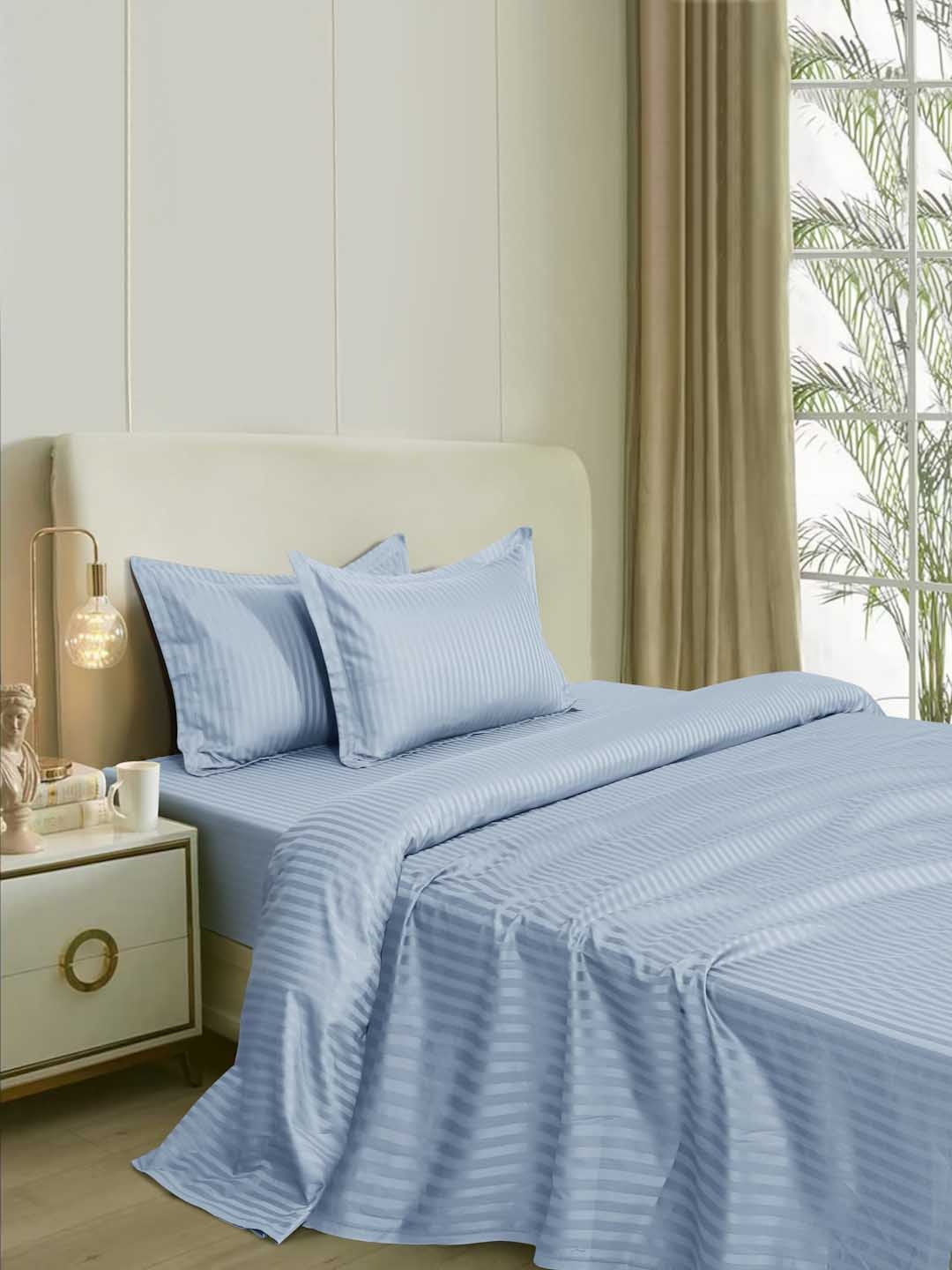 

Naksh Blue Striped Cotton 300 TC Fitted King Bedsheet with 2 Pillow Covers