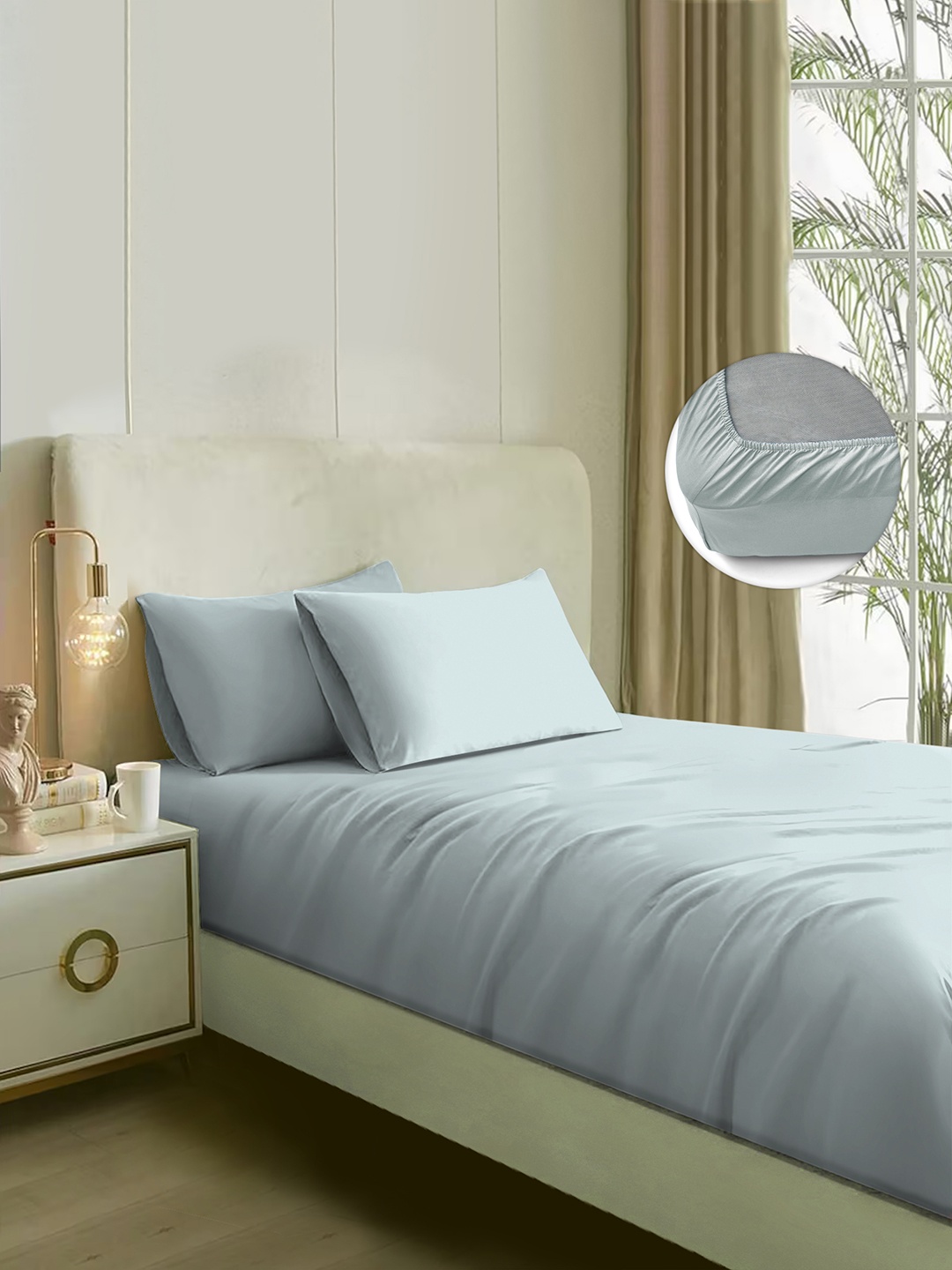 

Naksh Blue Cotton 300 TC Fitted King Bedsheet With 2 Pillow Covers