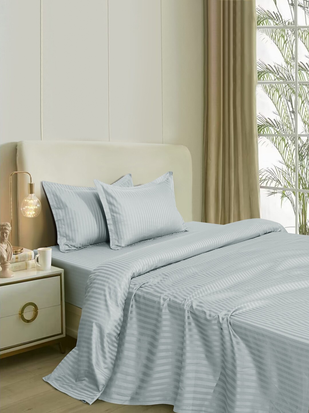 

Naksh Grey Striped Cotton 300 TC Fitted King Bedsheet With 2 Pillow Covers