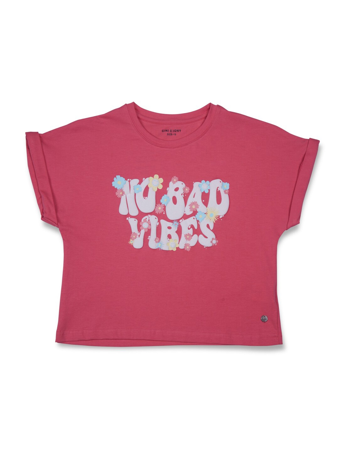 

Gini and Jony Typography Printed Extended Sleeves Cotton Boxy Top, Pink