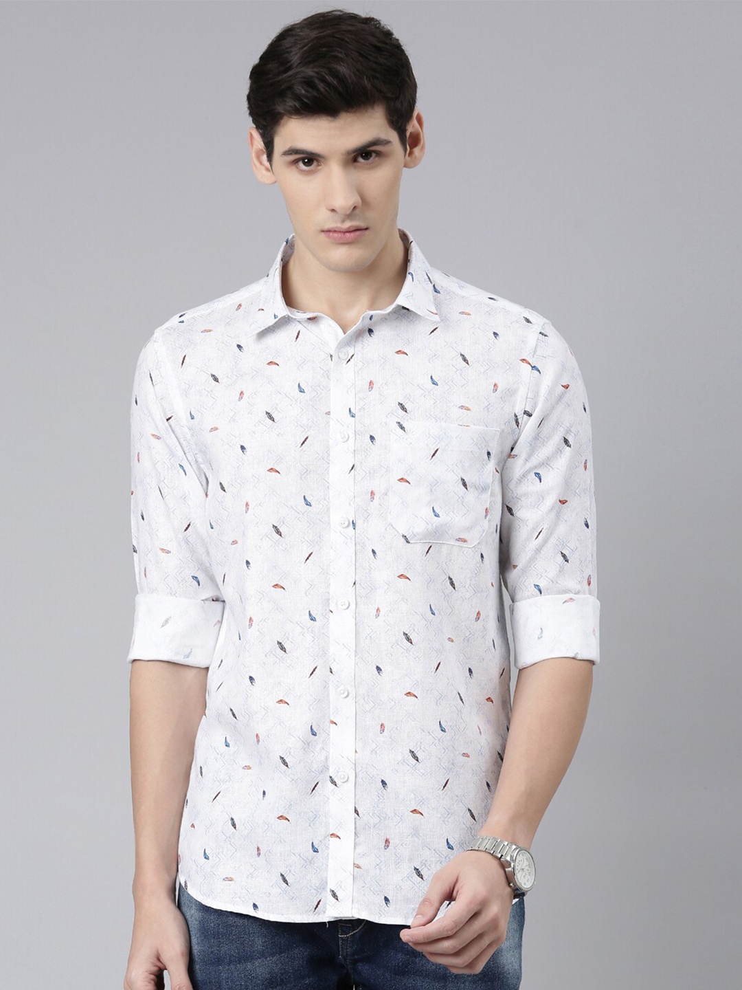 

Chennis Classic Slim Fit Printed Linen Cotton Casual Shirt, White