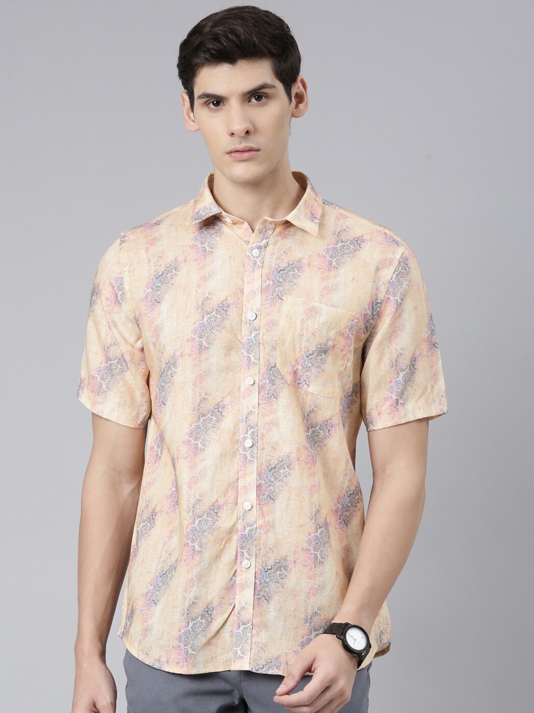 

Chennis Classic Slim Fit Ethnic Motifs Printed Cotton Linen Shirt, Peach