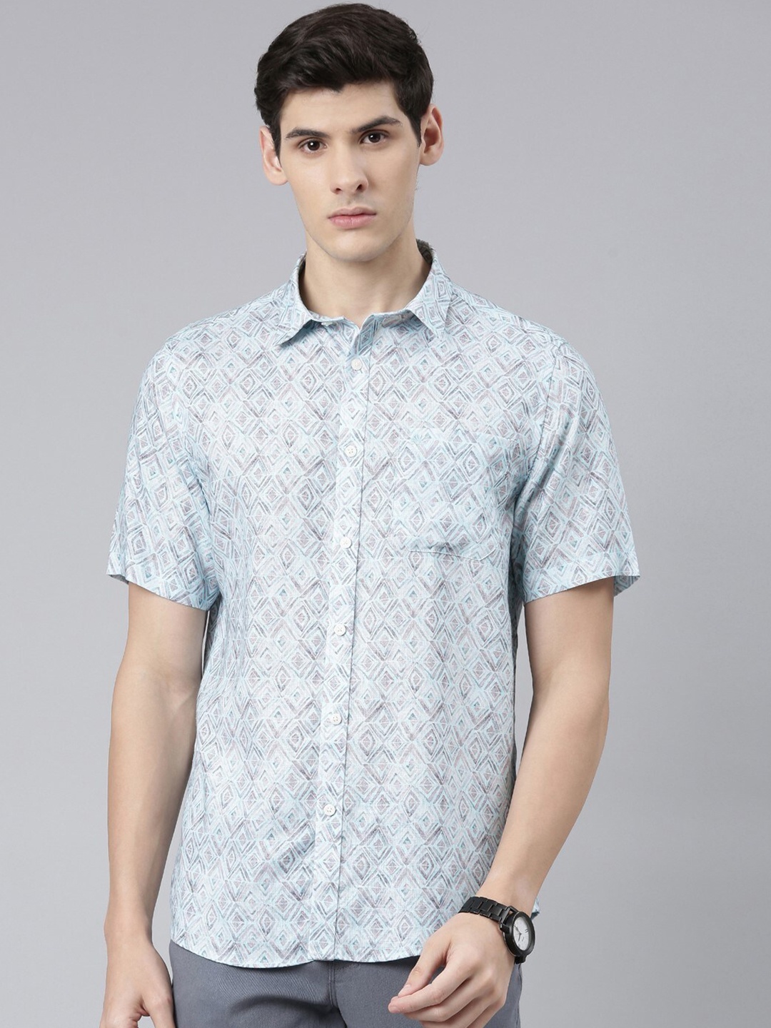 

Chennis Printed Classic Slim Fit Linen Cotton Casual Shirt, Blue