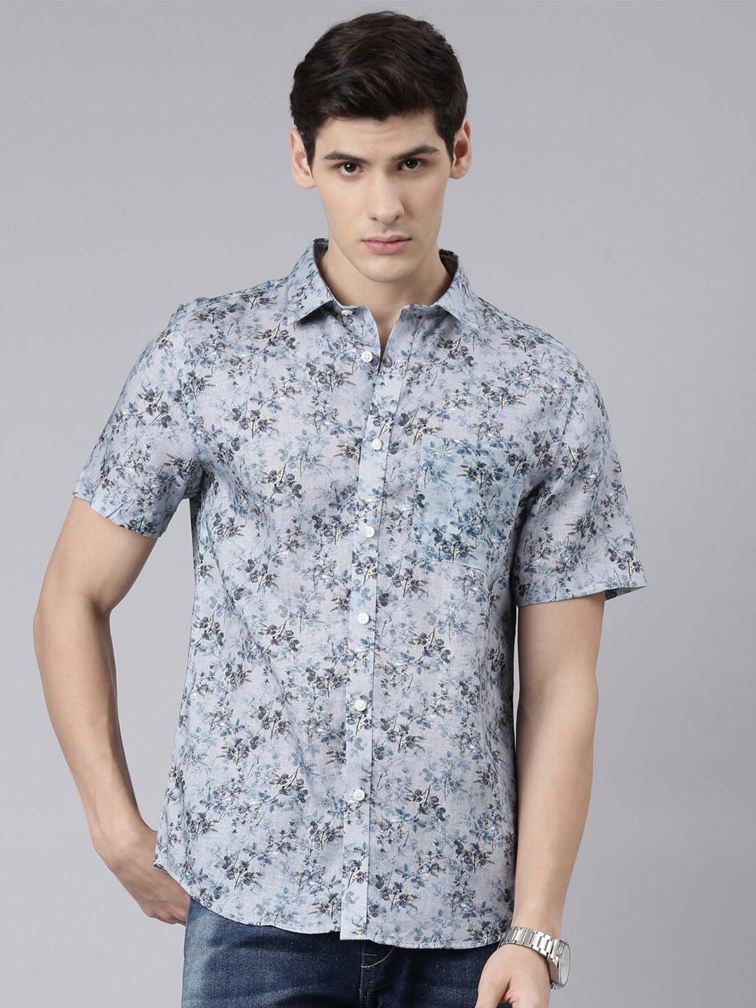 

Chennis Floral Printed Classic Slim Fit Linen Cotton Casual Shirt, Grey