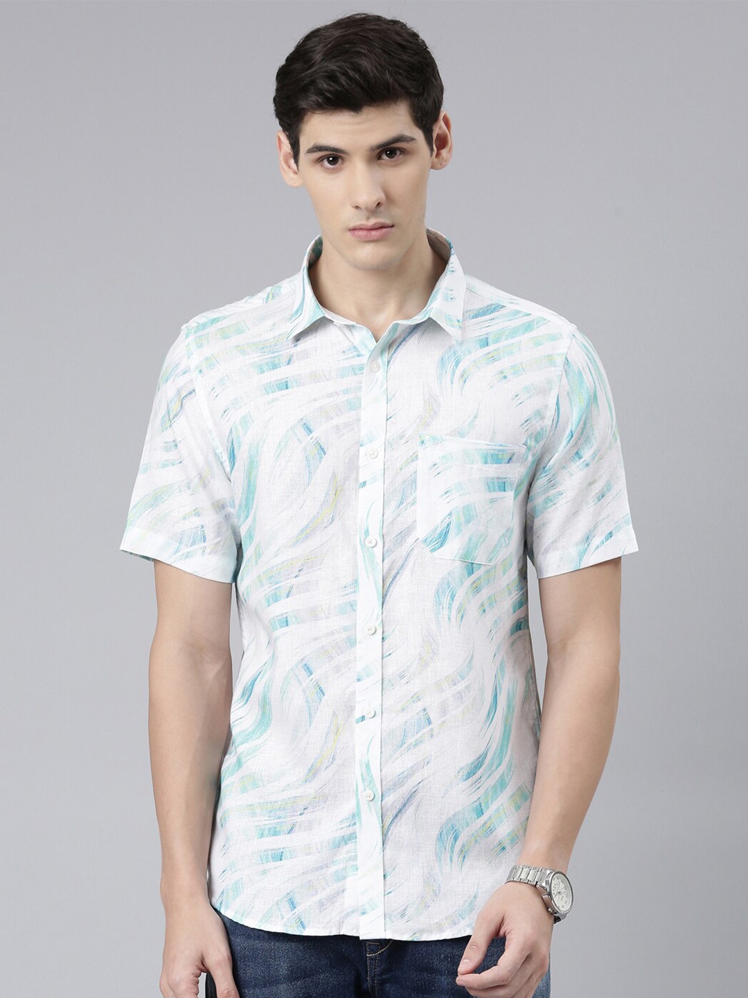

Chennis Printed Classic Slim Fit Linen Cotton Casual Shirt, White