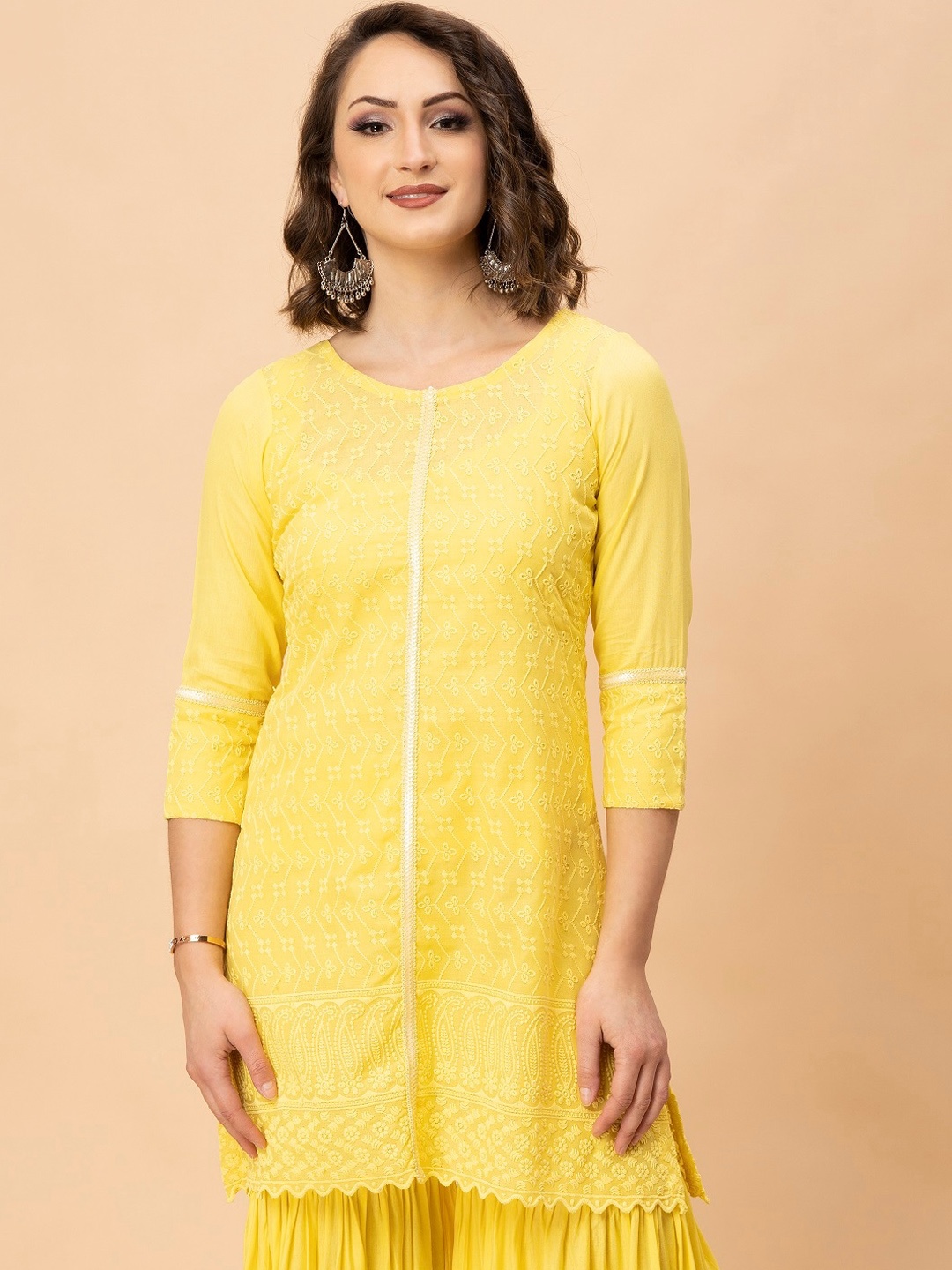 MILU MADAN Floral Embroidered Regular Thread Work Pure Cotton Kurta with Sharara, Yellow