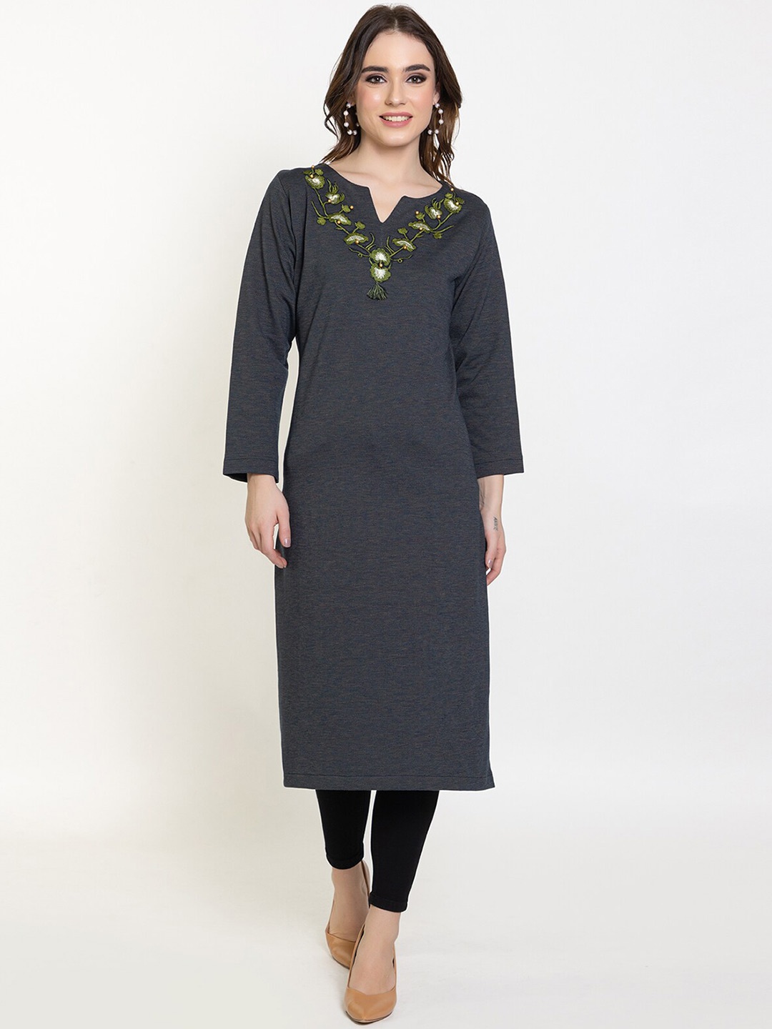 

Elthia Floral Yoke Design Straight Woollen Kurta, Grey