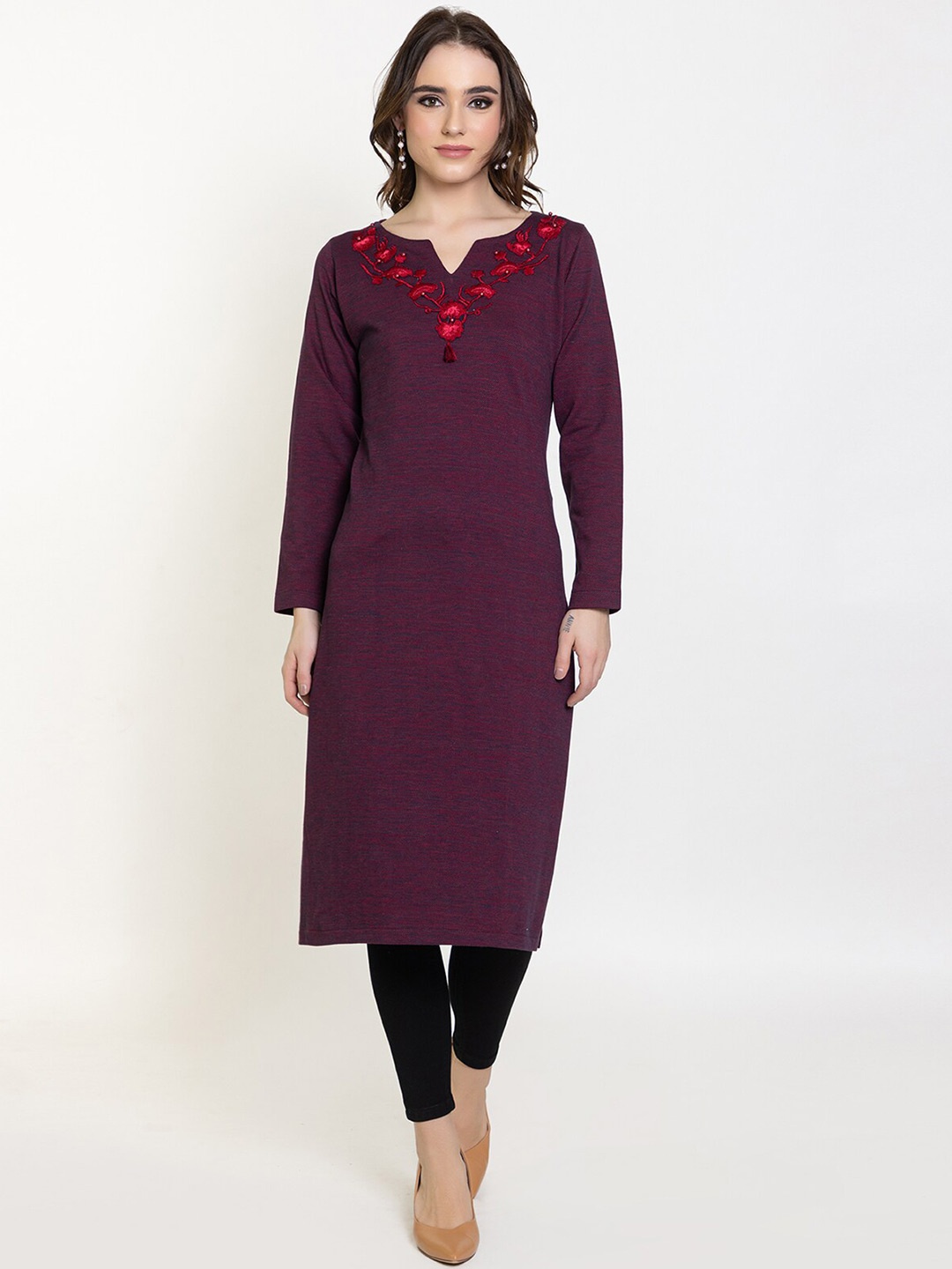 

Elthia Knitted Self Design Woollen Thread Work Kurta, Maroon