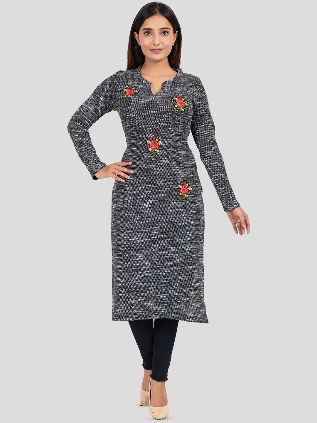 

Elthia Floral Embroidered Straight Woolen Kurta, Black