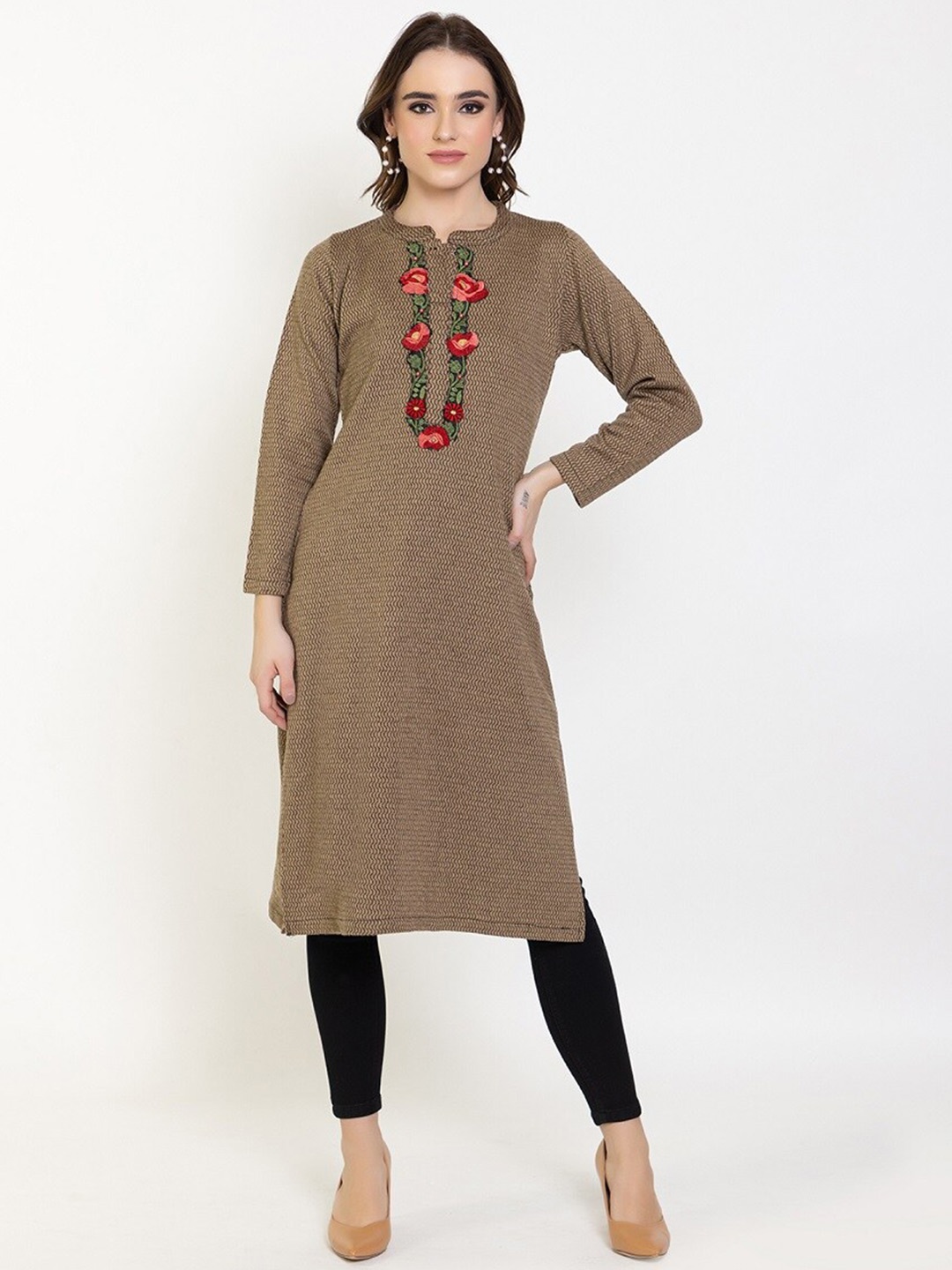 

Elthia Knitted Self Design Woollen Thread Work Kurta, Beige