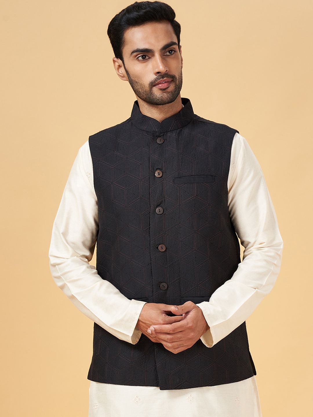 

indus route by Pantaloons Woven Mandarin Collar Nehru Jacket, Black