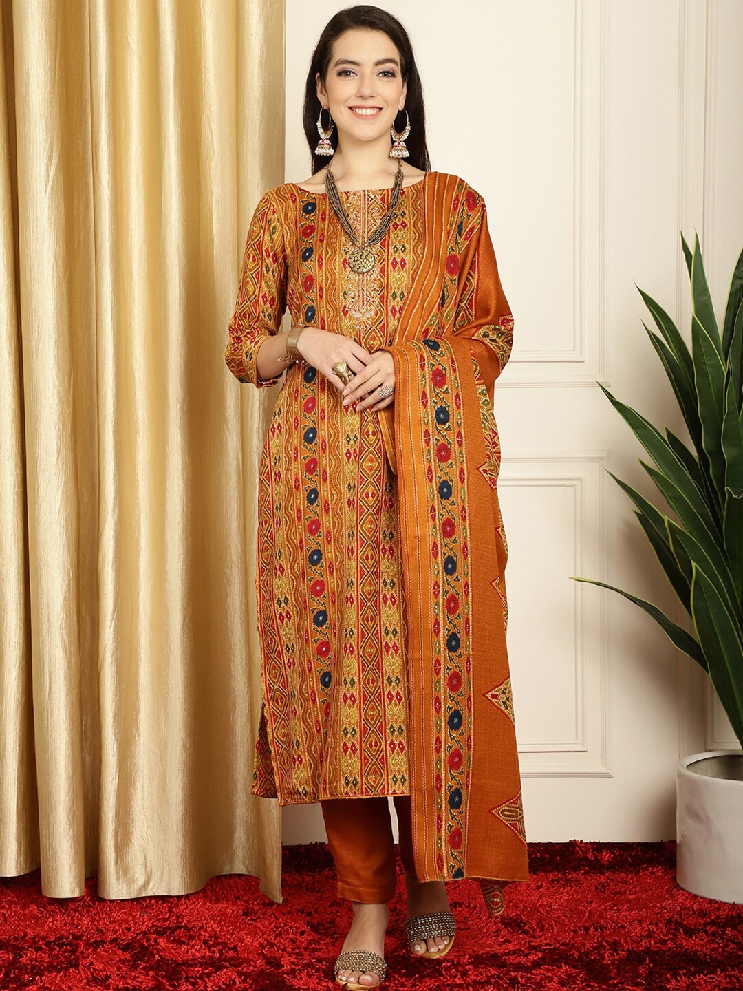 

Stylee LIFESTYLE Floral Printed Gotta Patti Unstitched Dress Material, Mustard