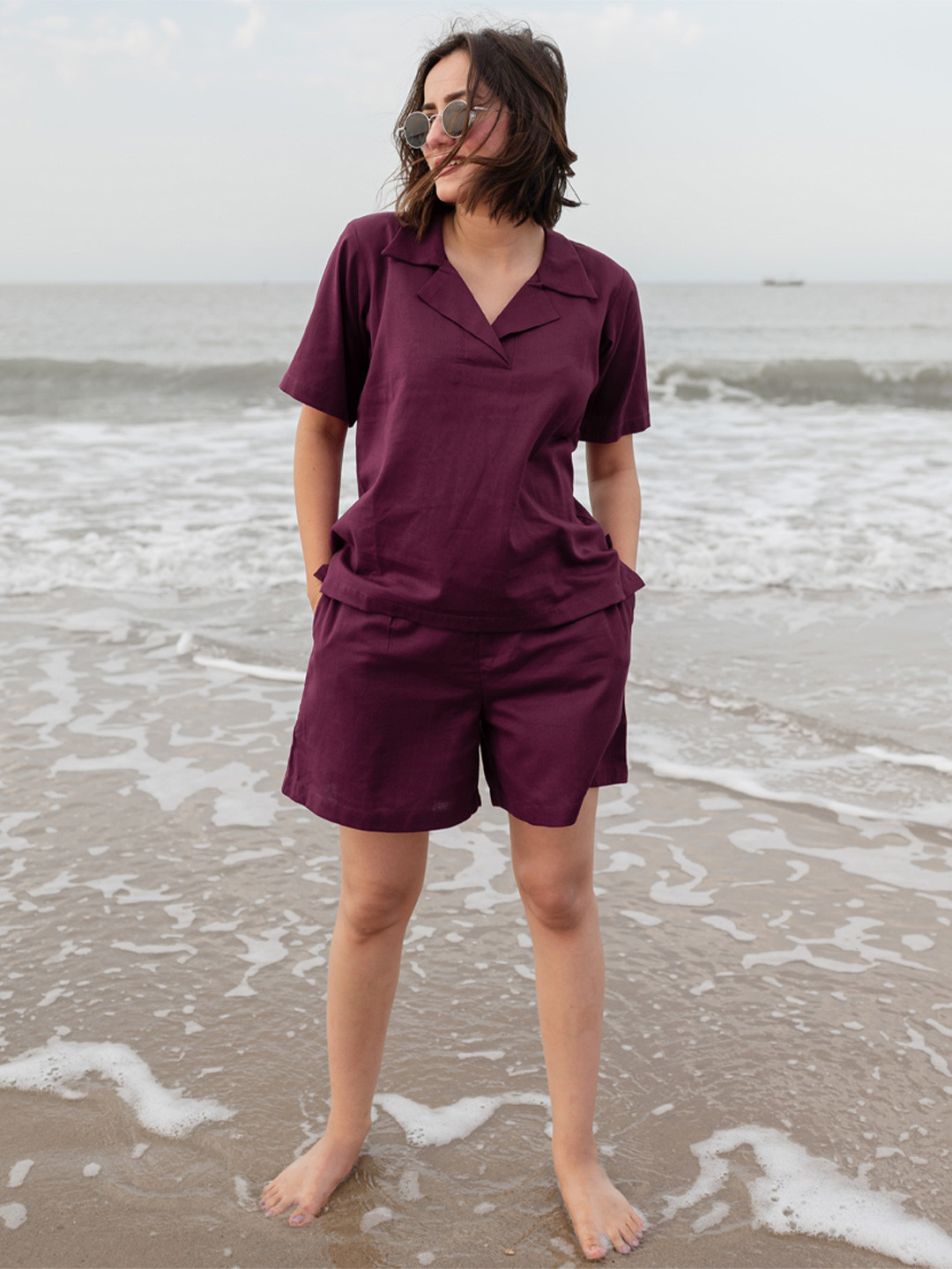 

Babli Shirt Collar Pure Cotton Top With Shorts, Burgundy