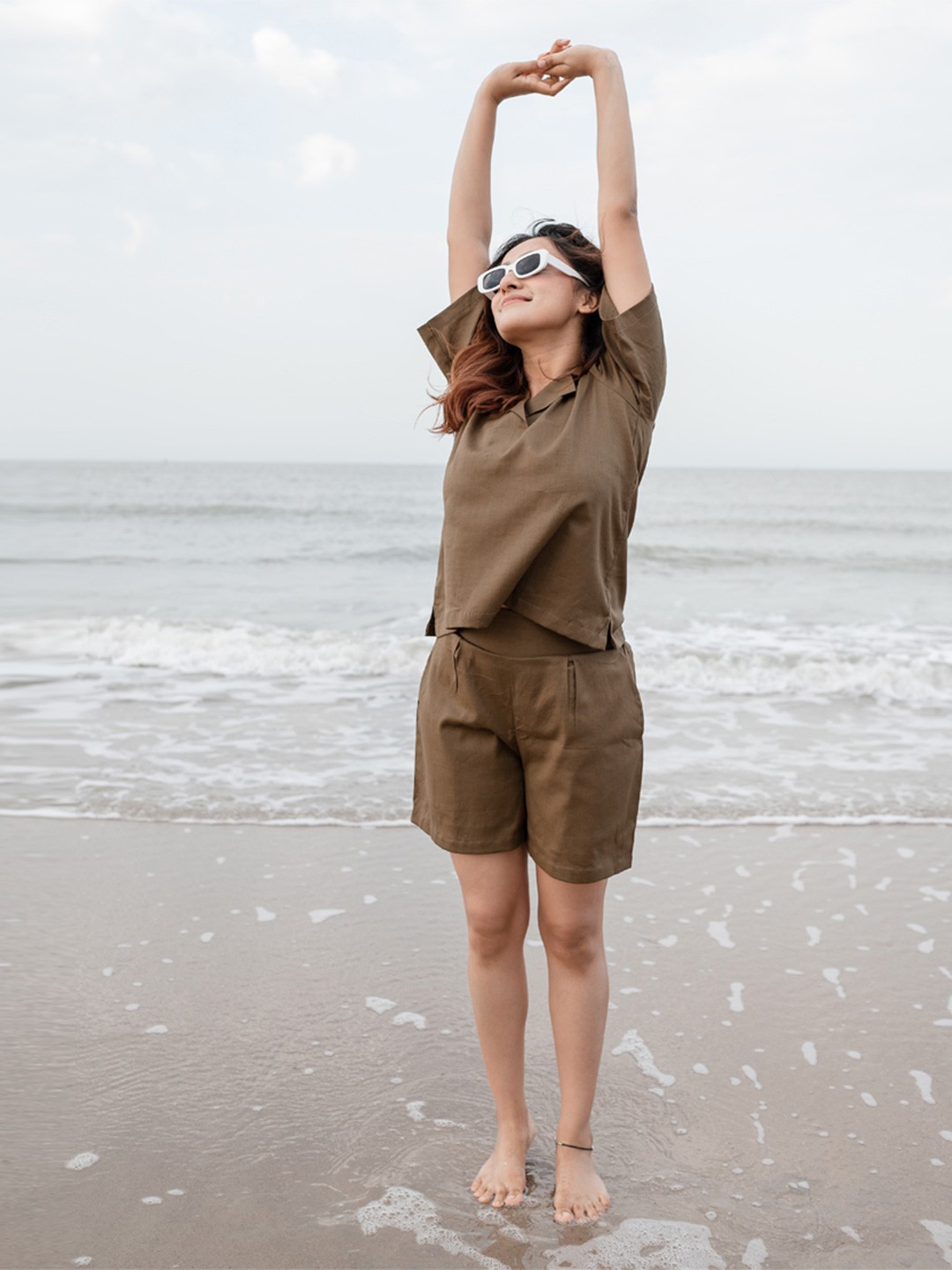 

Babli Shirt Collar Pure Cotton Top With Shorts, Olive