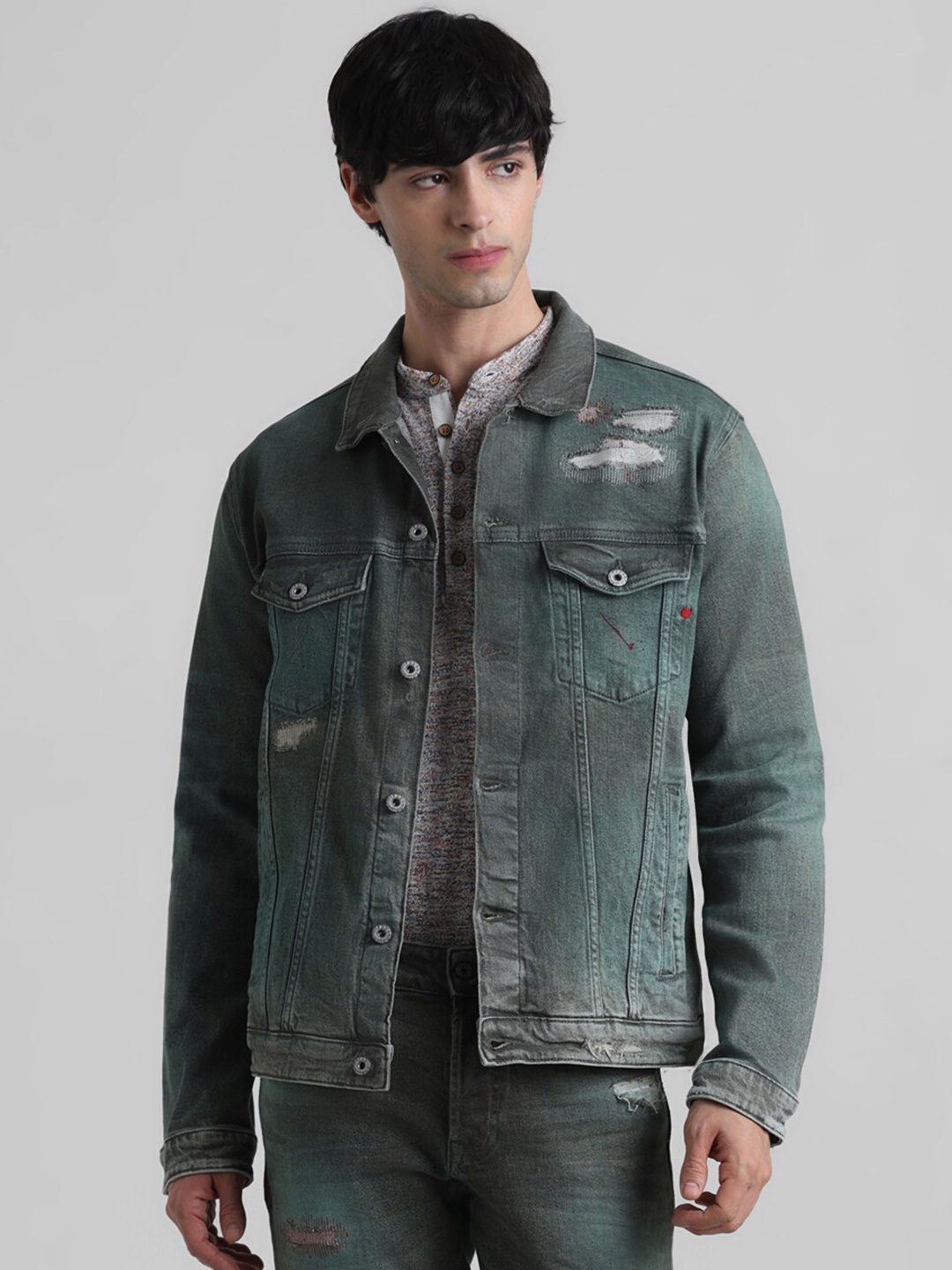 

Jack & Jones Distressed Washed Denim Jacket, Green