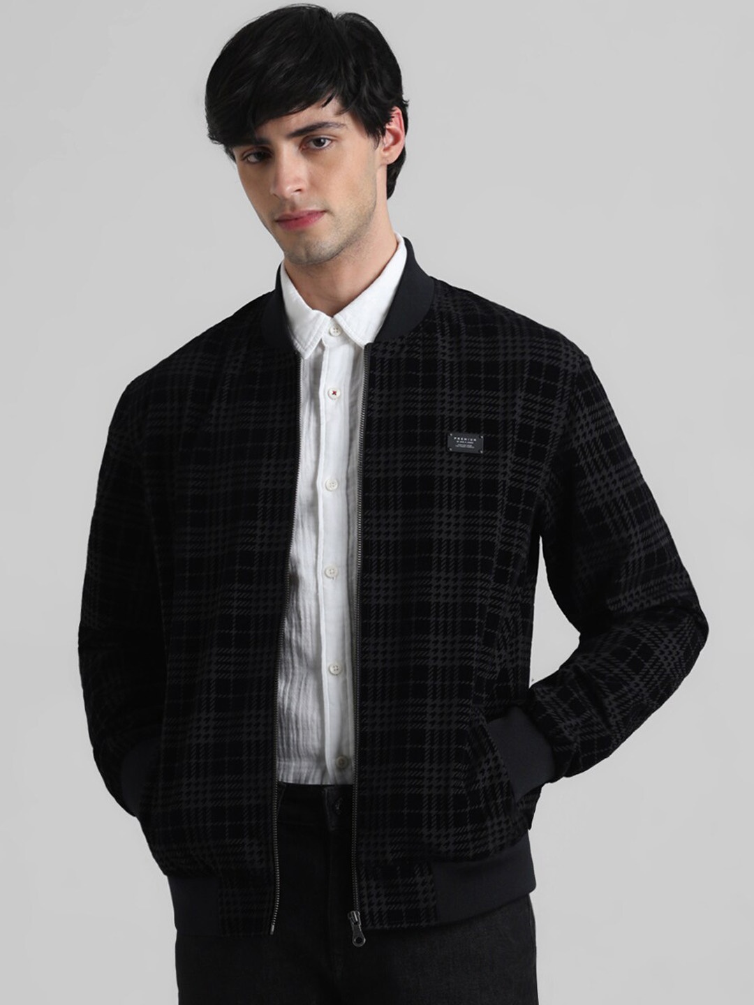 

Jack & Jones Checked Stand Collar Bomber Jacket, Black