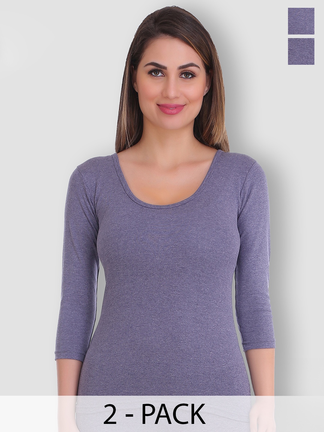 

SELFCARE Women Pack Of 2 Round Neck Thermal Tops, Blue