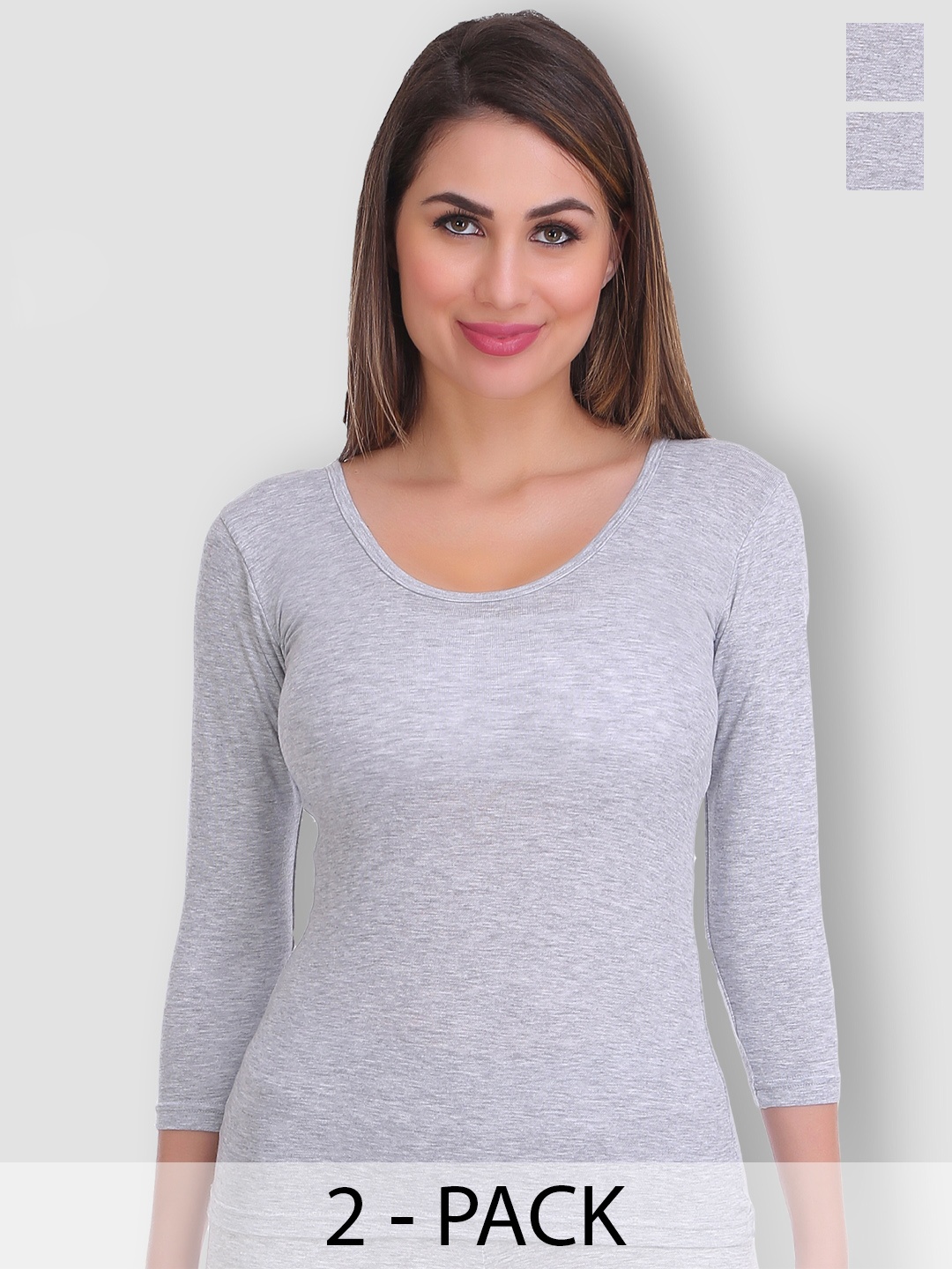 

SELFCARE Pack Of 2 Round Neck Thermal Tops, Grey