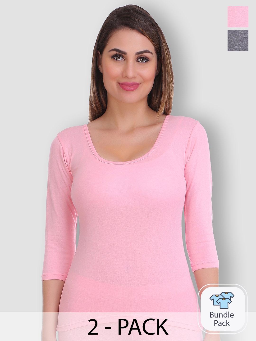 

SELFCARE Women Pack Of 2 Round Neck Thermal Tops, Pink