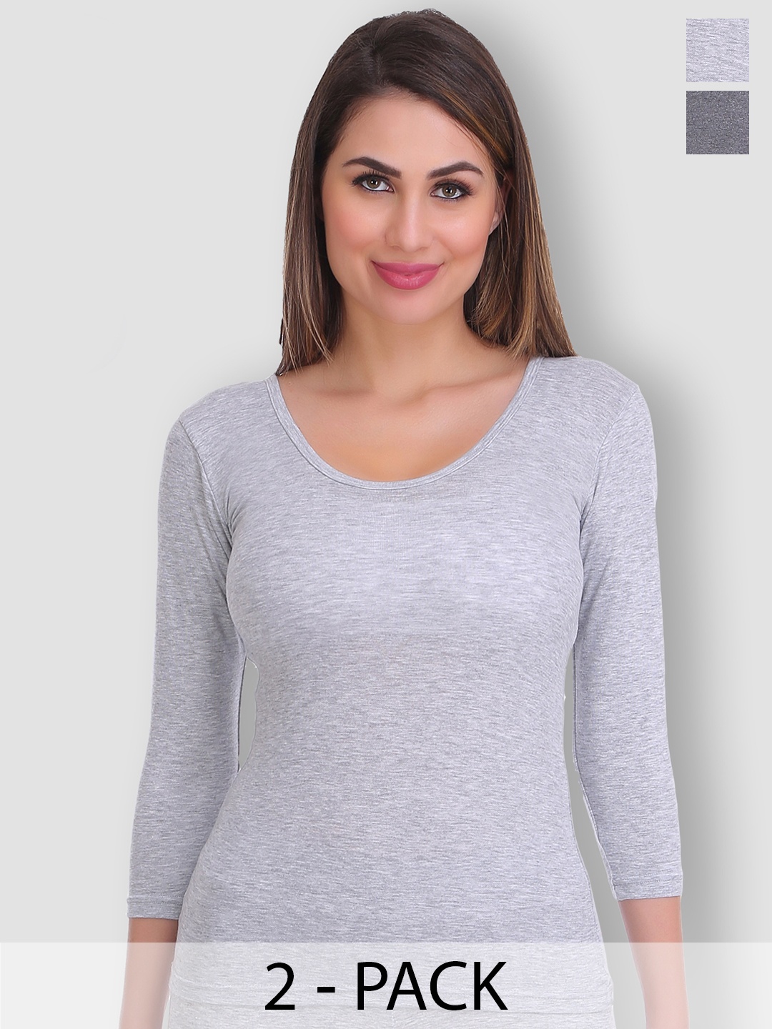 

SELFCARE Pack Of 2 Round Neck Thermal Tops, Grey