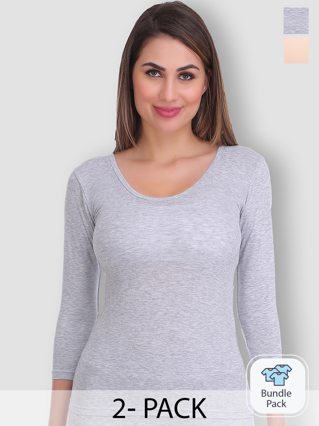 

SELFCARE Pack Of 2 Round Neck Thermal Tops, Grey
