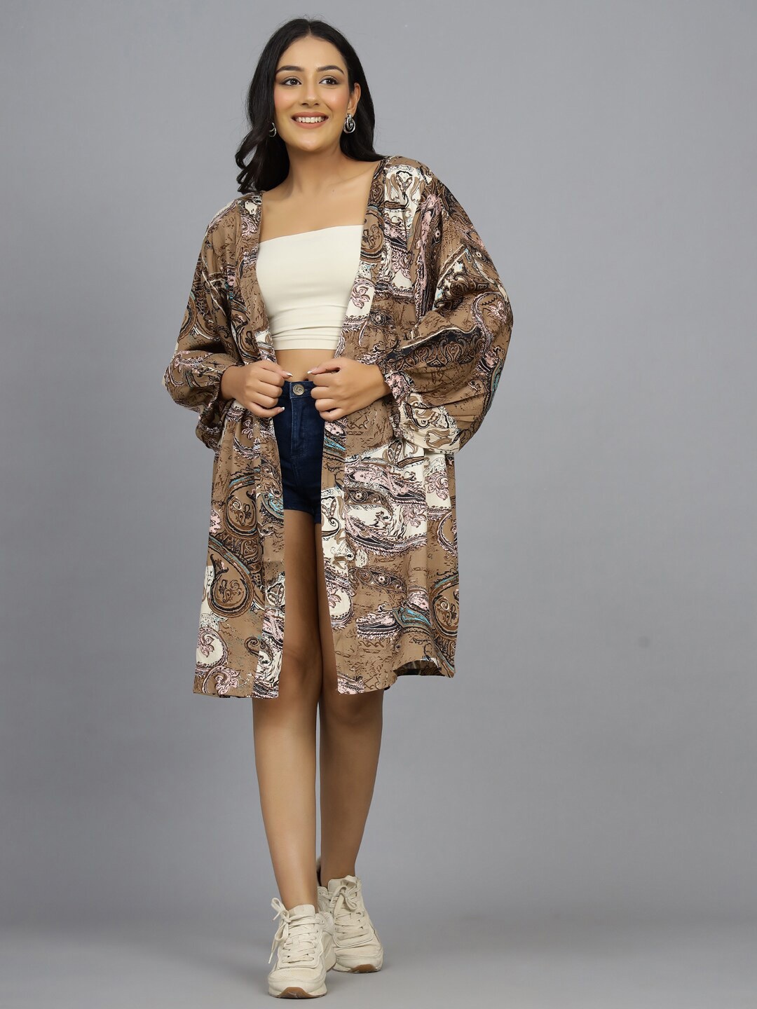 

HANDICRAFT PALACE Ethnic Printed Pure Cotton Longline Open Front Shrug, Brown