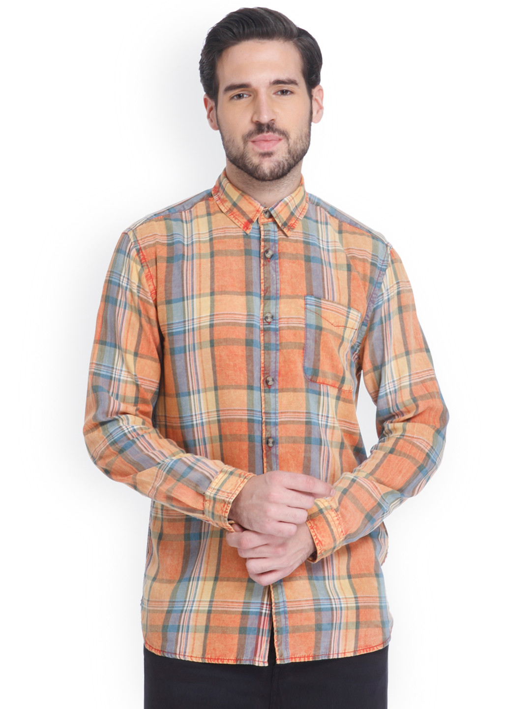 

Jack & Jones Men Orange & Blue Regular Fit Checked Casual Shirt