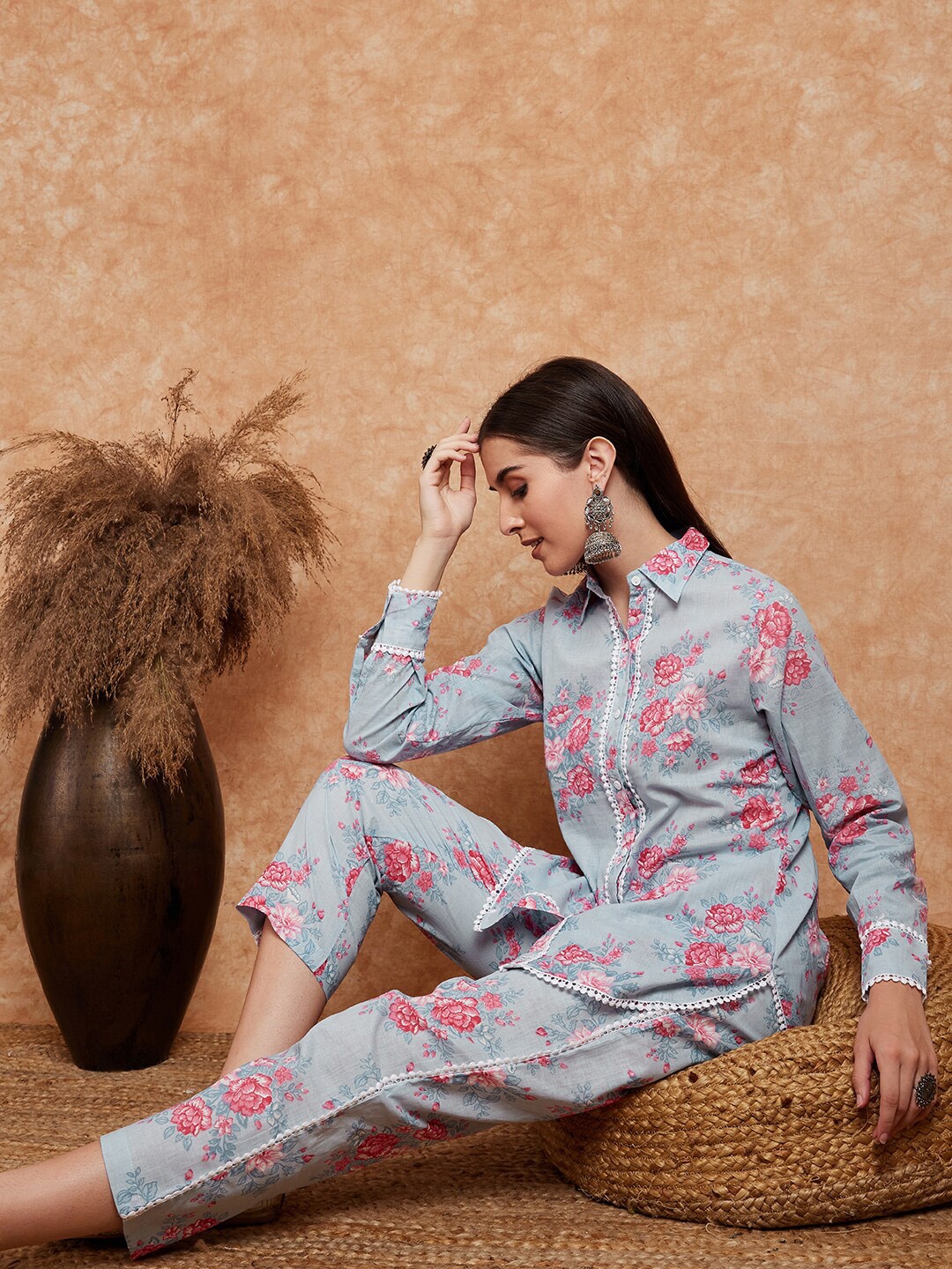 

Sangria Printed Pure Cotton Shirt & trouser, Blue