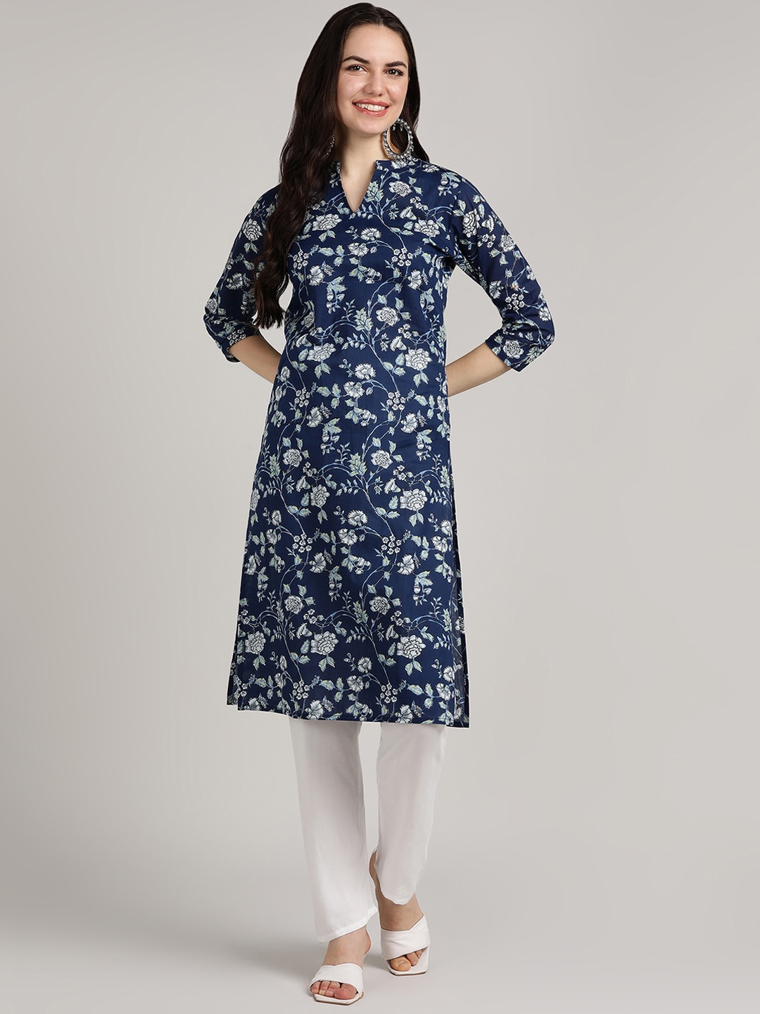 

BLOCKS OF INDIA Floral Printed Mandarin Collar Straight Regular Cotton Kurta, Blue