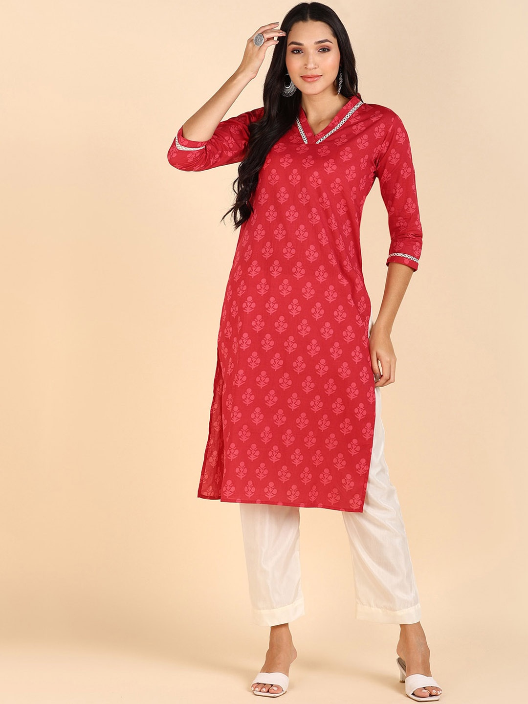 

BLOCKS OF INDIA Ethnic Motifs Printed Regular Pure Cotton Kurta, Red