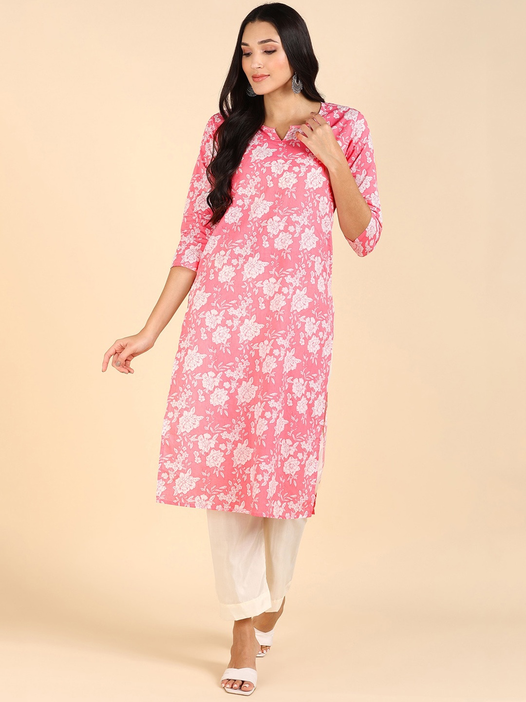 

BLOCKS OF INDIA Floral Printed Straight Regular Cotton Kurta, Pink
