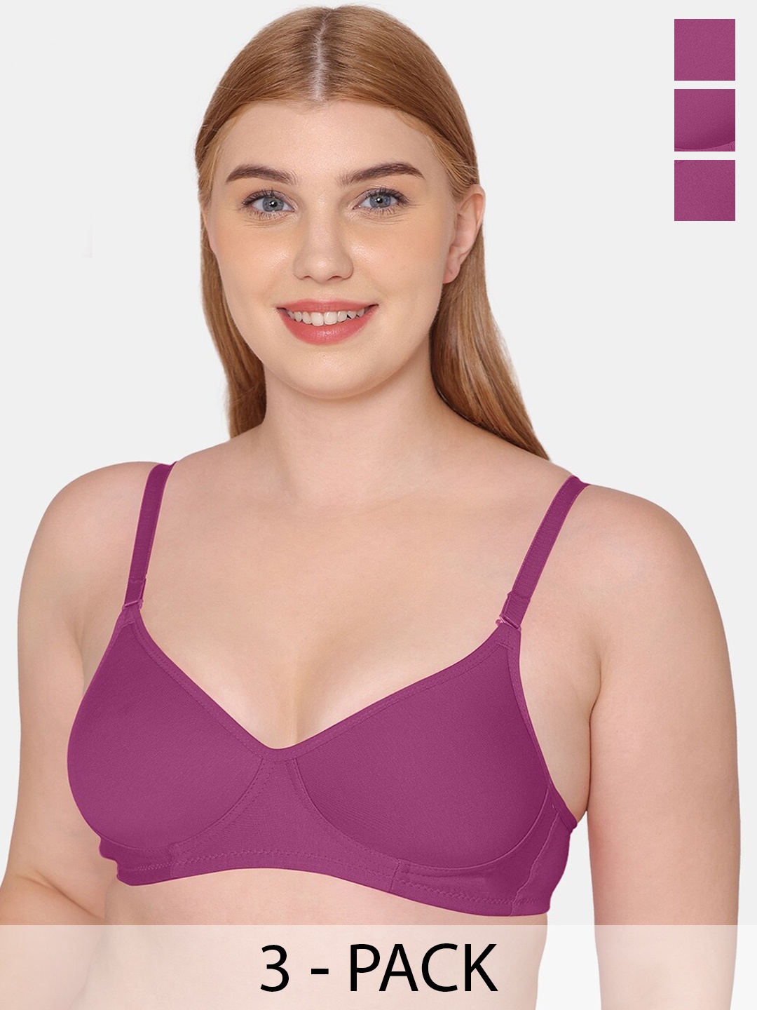 

KOMLI Pack Of 3 Full Coverage T-shirt Pure Cotton Bra - All Day Comfort, Magenta